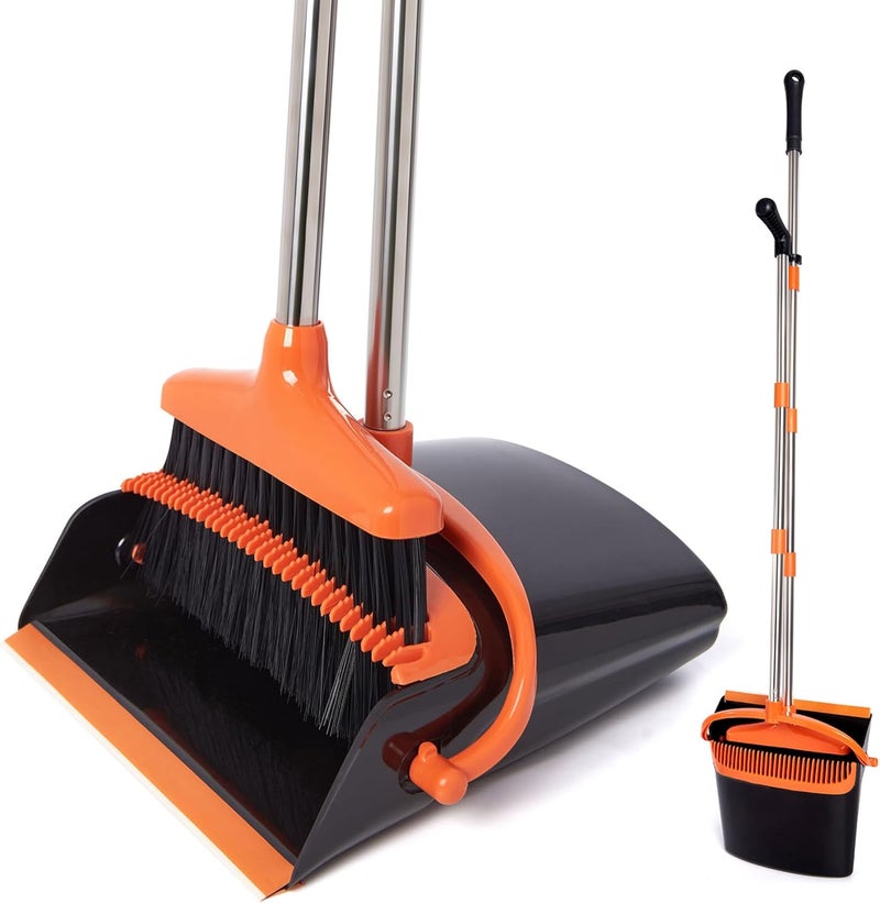 XXFLOWER Broom and Dustpan Set with Long Handle, Light Weight Stainless Steel Poles Stand Upright Dustpans with Broom Combo for Home Kitchen Office Pet Dog Hair, Black & Orange Color, 1-Pack - Image 1